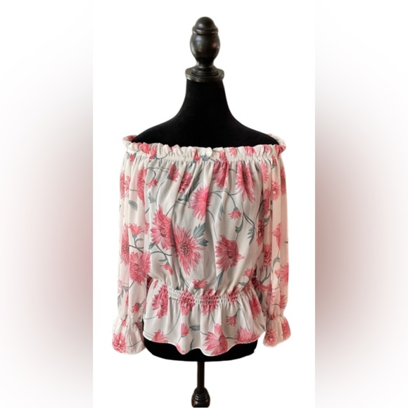 Tops - Peasant White and Pink Floral  On or Off The Shoulder Blouse